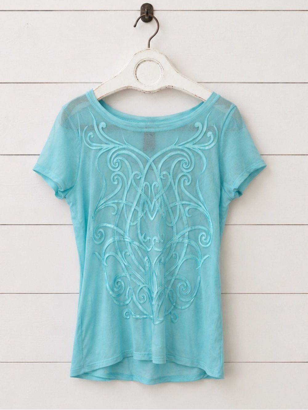 INC International Concepts Aqua Embroidered Short Sleeve Scoop Neck Top